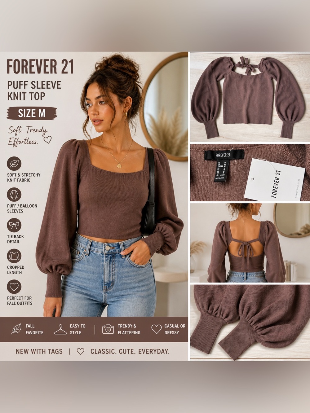 Puff Sleeve Knit Top Brown Tie Back Balloon Sleeve Size M NWT